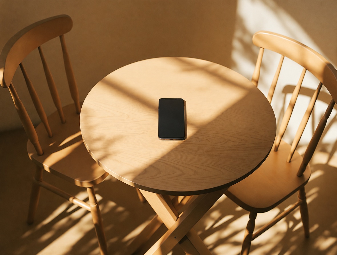 Una mesa de madera con dos sillas y un teléfono al centro, con luz cálida de tarde.